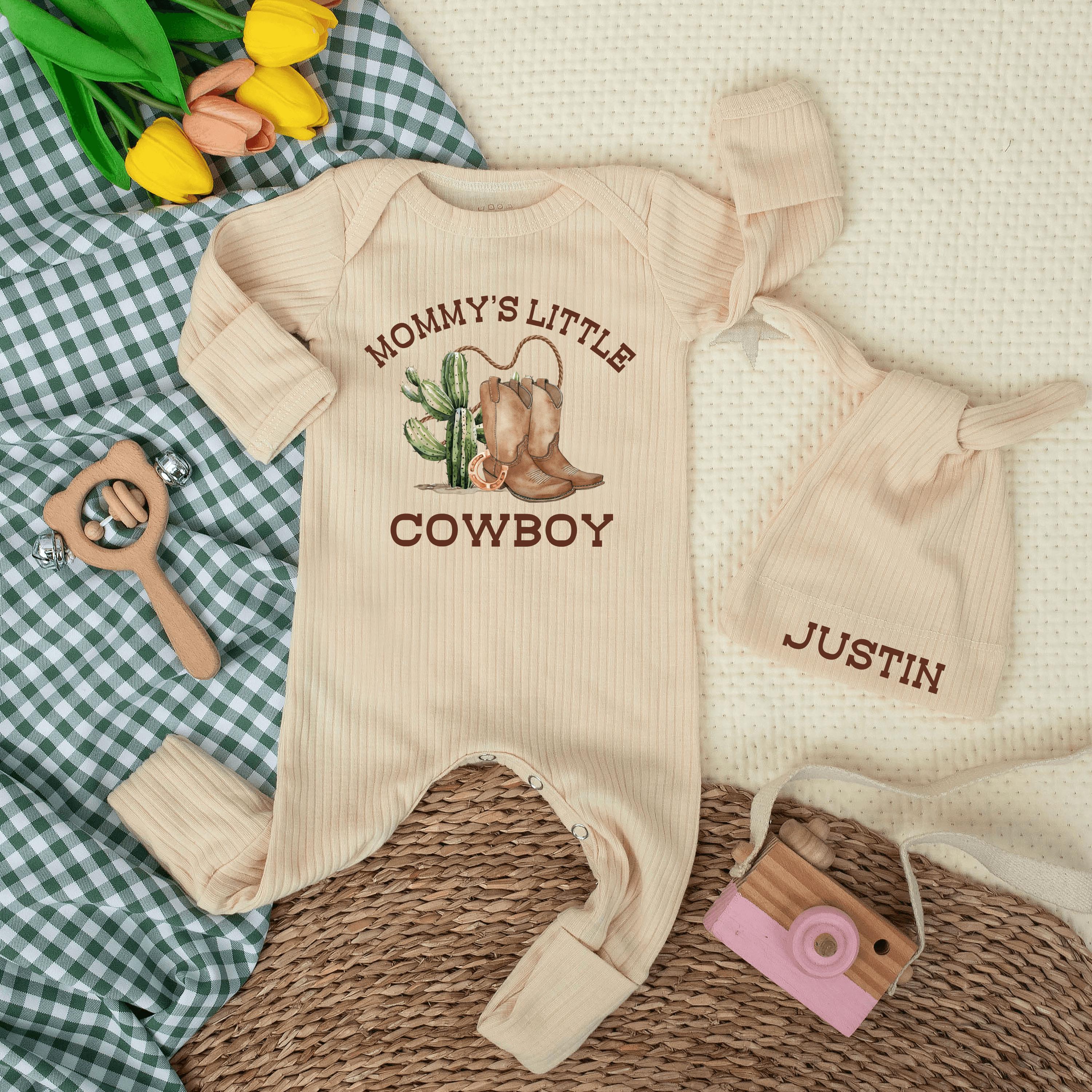 Custom Mommy’s Little Cowboy Baby Bodysuit with Hat, Western-Themed Newborn Outfit, Soft Cotton Long Sleeve for Baby Shower or Coming Home
