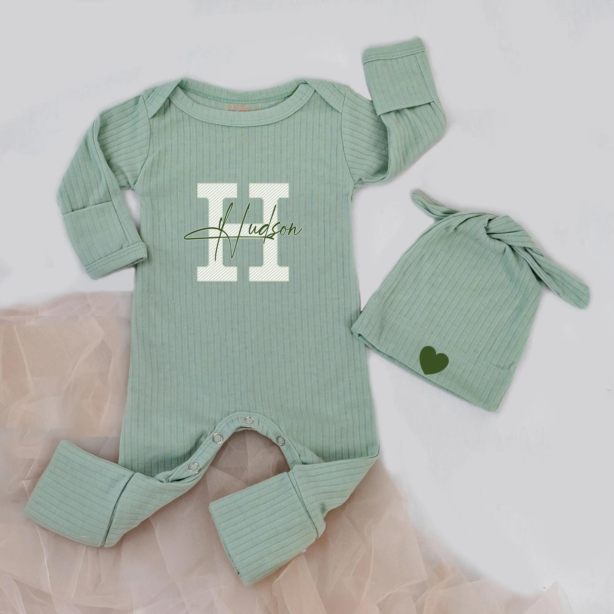 Custom Monogram Baby Bodysuit with Initial and Name, Soft Cotton Ribbed Newborn Outfit with Hat, Baby Shower or Coming Home Gift