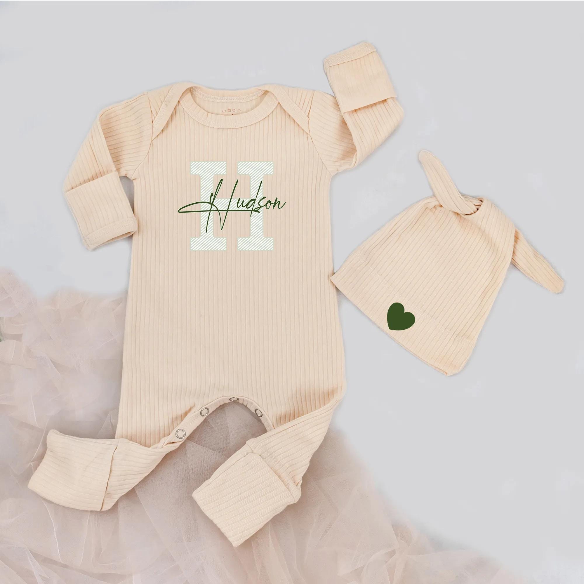 Custom Monogram Baby Bodysuit with Initial and Name, Soft Cotton Ribbed Newborn Outfit with Hat, Baby Shower or Coming Home Gift