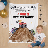 Custom Monster Truck 3rd Birthday Silk Banner & Toddler Tee Set, Racing Theme, Dirt Track Design, Perfect for Kids' Milestone Parties