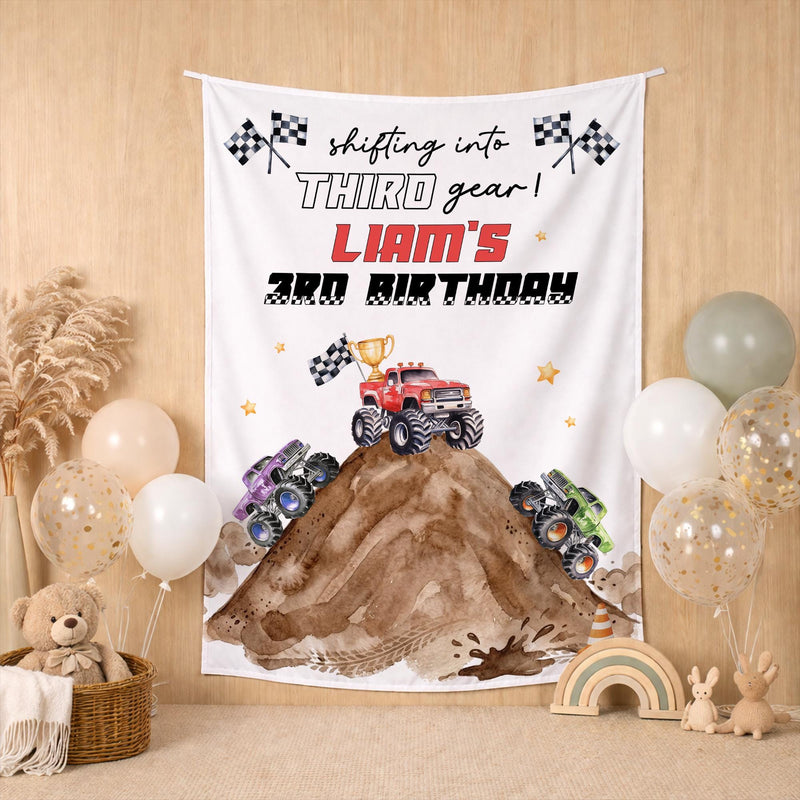 Custom Monster Truck 3rd Birthday Silk Banner & Toddler Tee Set, Racing Theme, Dirt Track Design, Perfect for Kids' Milestone Parties