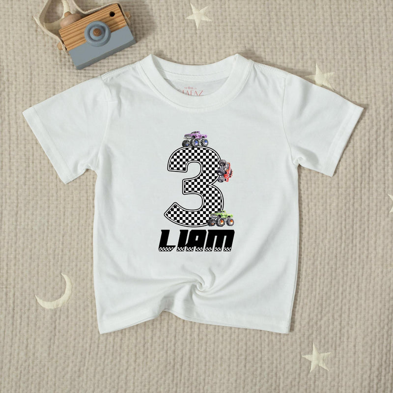 Custom Monster Truck 3rd Birthday Silk Banner & Toddler Tee Set, Racing Theme, Dirt Track Design, Perfect for Kids' Milestone Parties