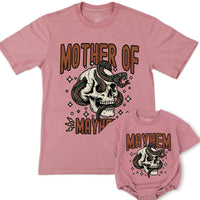 Custom Mother of Mayhem Matching Family Shirts, Skull Snake Graphic for Mom and Kids, Soft Cotton T-Shirts and Rompers for Unique Gifts