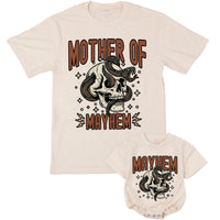 Custom Mother of Mayhem Matching Family Shirts, Skull Snake Graphic for Mom and Kids, Soft Cotton T-Shirts and Rompers for Unique Gifts