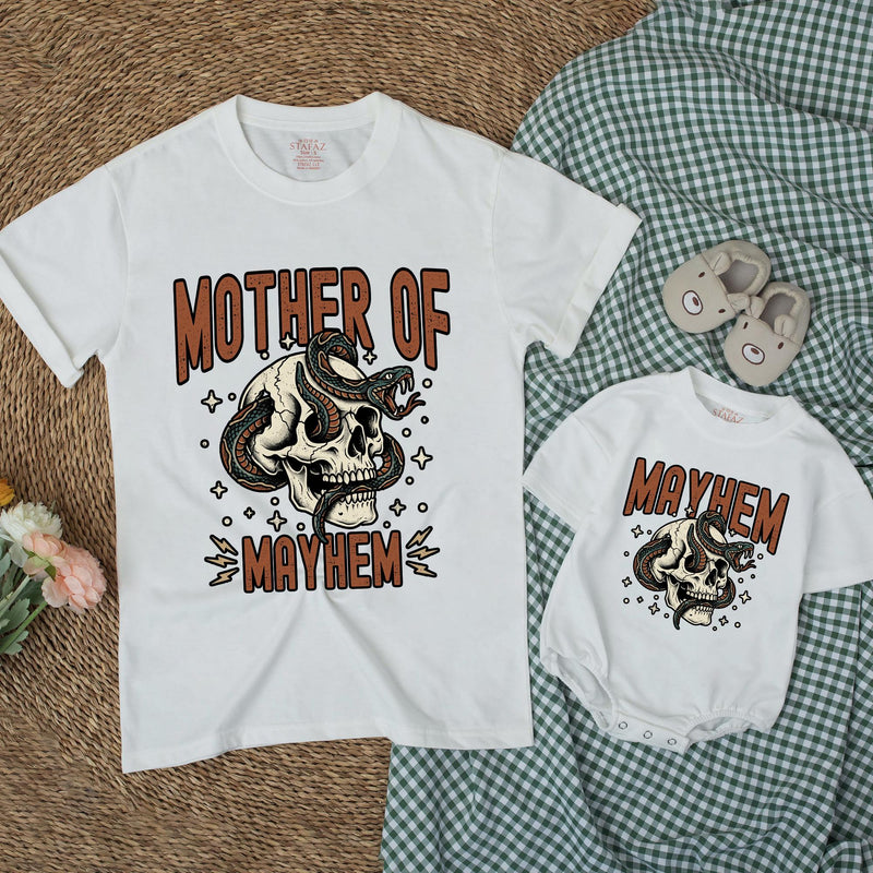 Custom Mother of Mayhem Matching Family Shirts, Skull Snake Graphic for Mom and Kids, Soft Cotton T-Shirts and Rompers for Unique Gifts