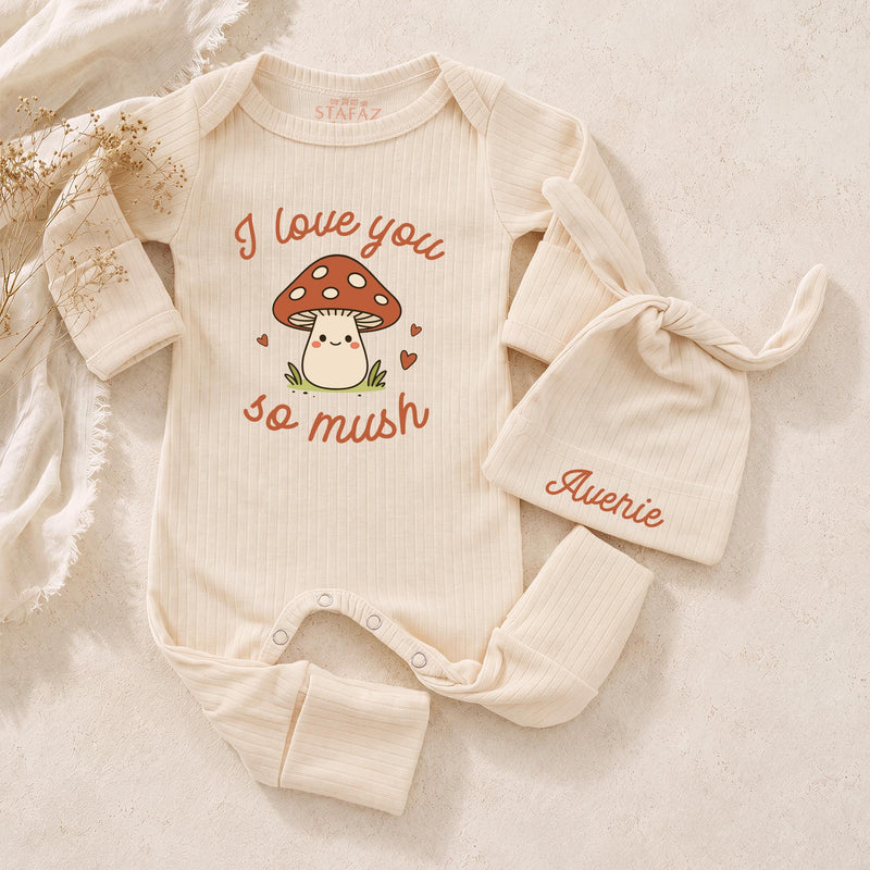 Custom Mushroom Baby Bodysuit with 'I Love You So Mush' Design, Soft Cotton Woodland Outfit for Newborns, Personalized Coming Home Clothes