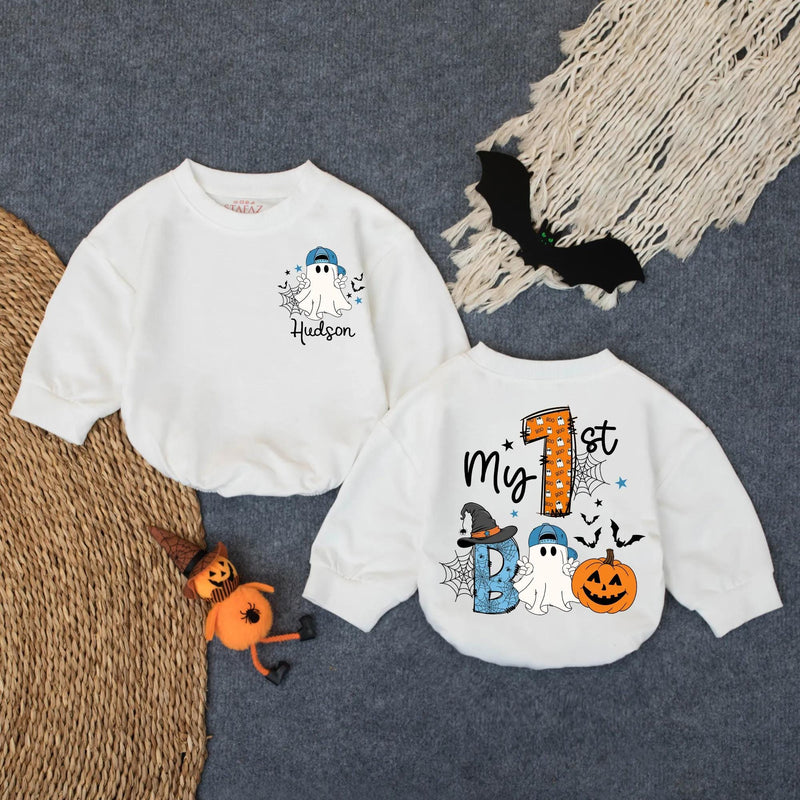 Custom My 1st Boo Baby Boy Romper Halloween Ghost Pumpkin Outfit Personalized Name Bodysuit Cute Fall Infant Clothes Blue Hat Orange