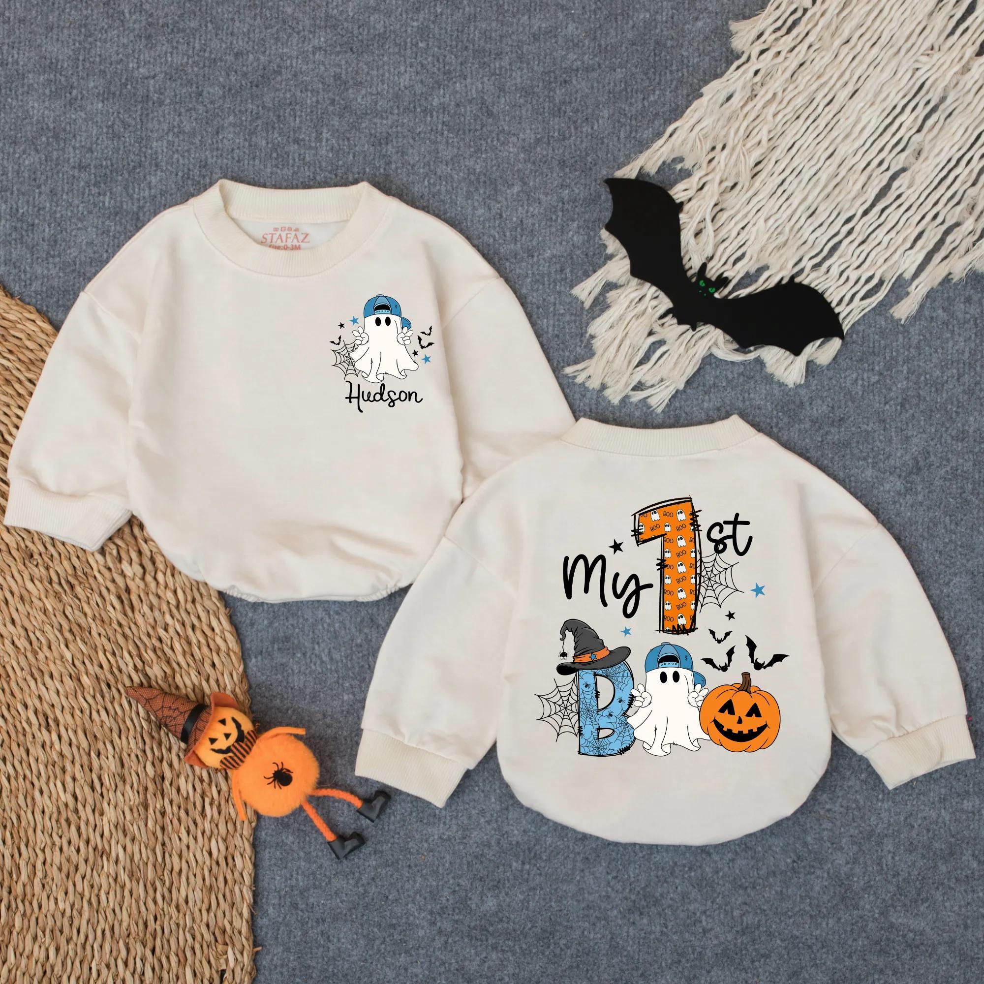 Custom My 1st Boo Baby Boy Romper Halloween Ghost Pumpkin Outfit Personalized Name Bodysuit Cute Fall Infant Clothes Blue Hat Orange
