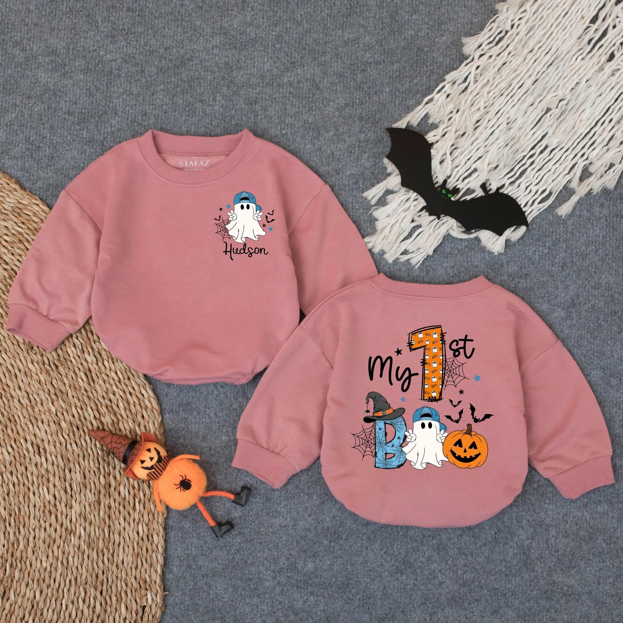 Custom My 1st Boo Baby Boy Romper Halloween Ghost Pumpkin Outfit Personalized Name Bodysuit Cute Fall Infant Clothes Blue Hat Orange