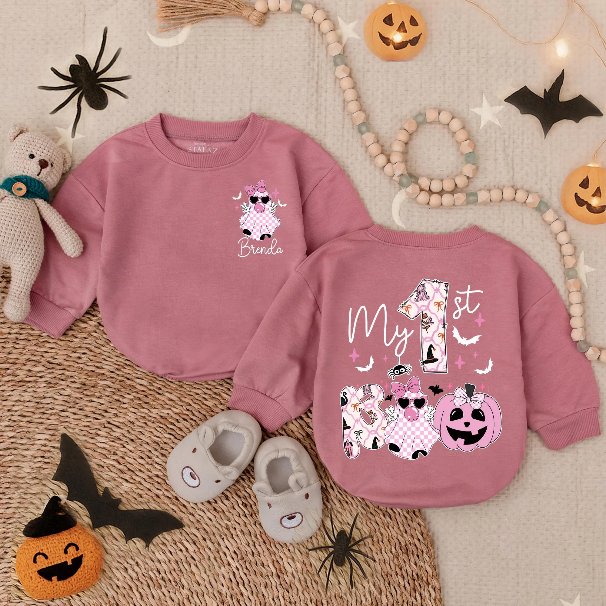 Custom My 1st Boo Baby Romper Halloween Outfit for Toddler Girls Pink Floral Pumpkin Bat Ghost Spooky Soft Cotton Party Clothes