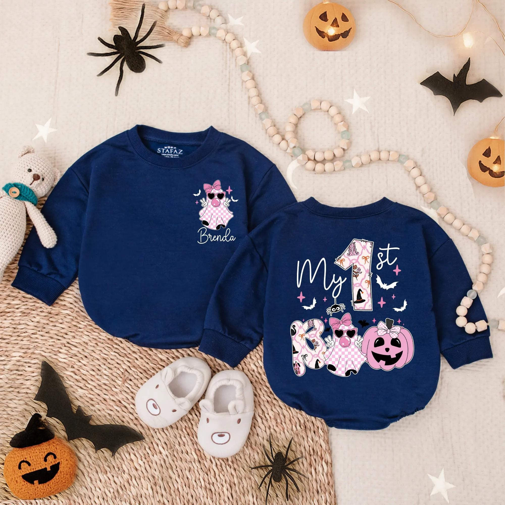 Custom My 1st Boo Baby Romper Halloween Outfit for Toddler Girls Pink Floral Pumpkin Bat Ghost Spooky Soft Cotton Party Clothes