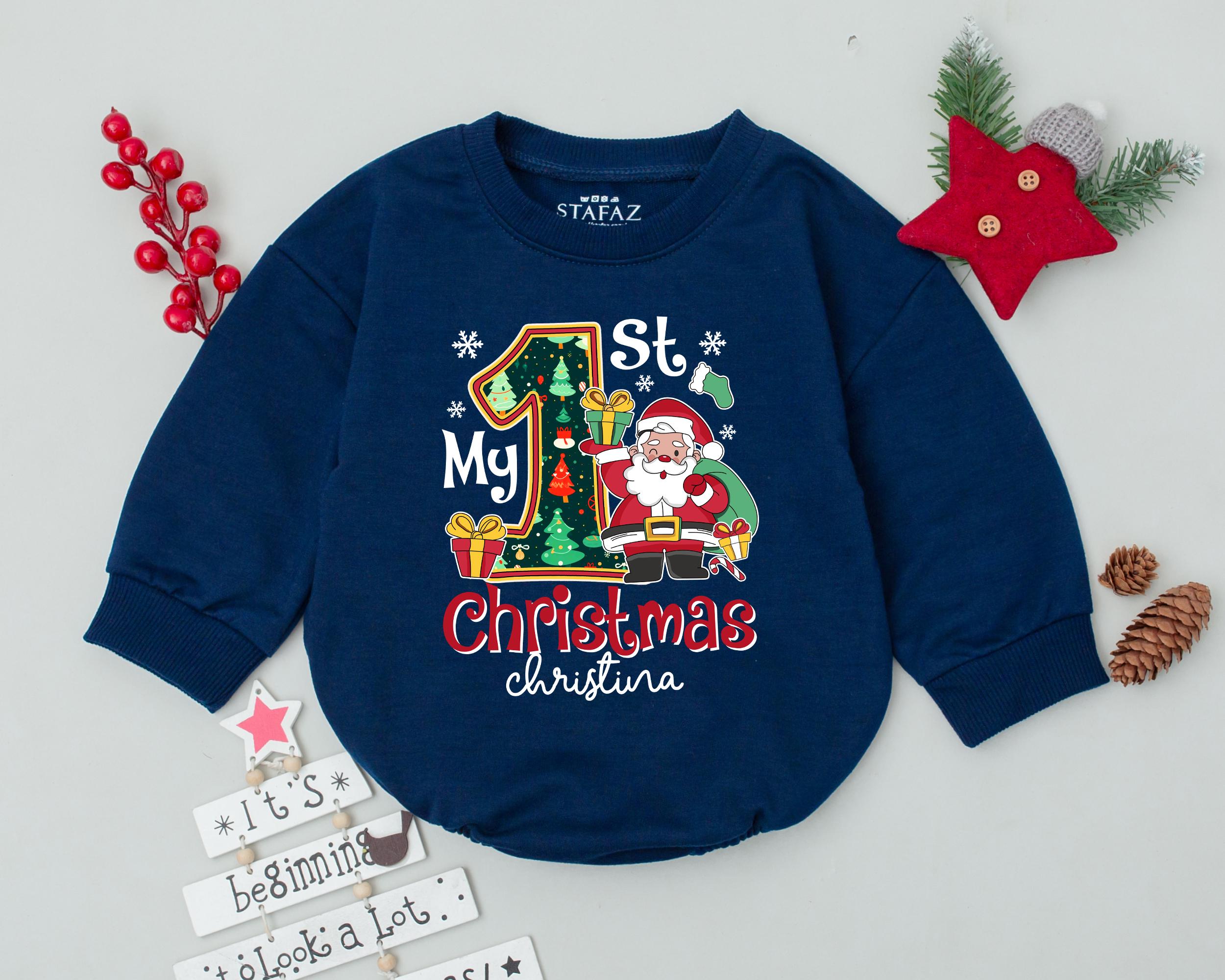Custom My 1st Christmas Baby Romper with Santa Gift Design Infant Holiday Outfit Personalized Name Cotton Soft Winter Bodysuit