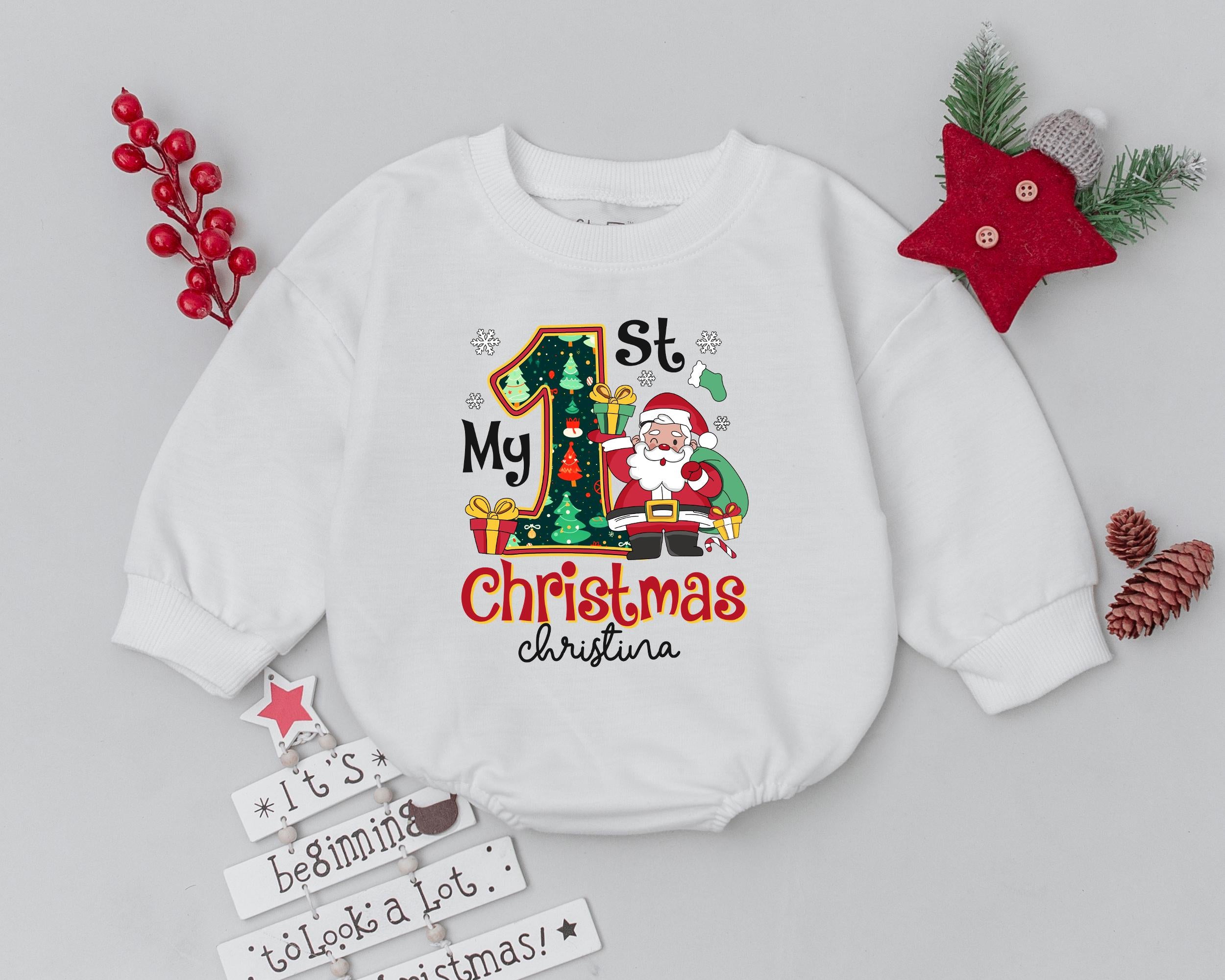 Custom My 1st Christmas Baby Romper with Santa Gift Design Infant Holiday Outfit Personalized Name Cotton Soft Winter Bodysuit