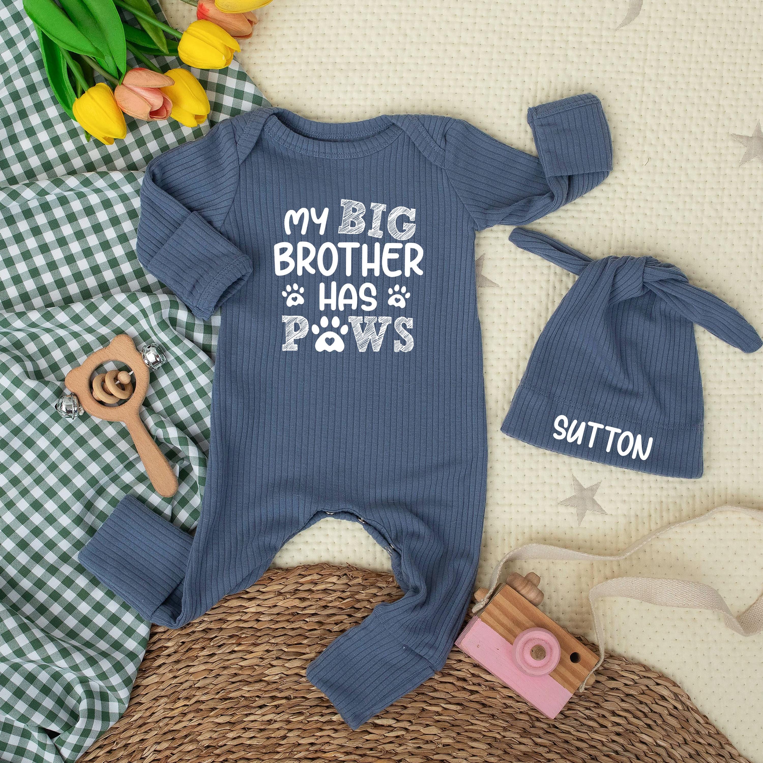 Custom My Big Brother Has Paws Baby Bodysuit with Hat, Personalized Newborn Outfit, Soft Cotton Baby Shower Gift, Dog Lover Infant Clothes