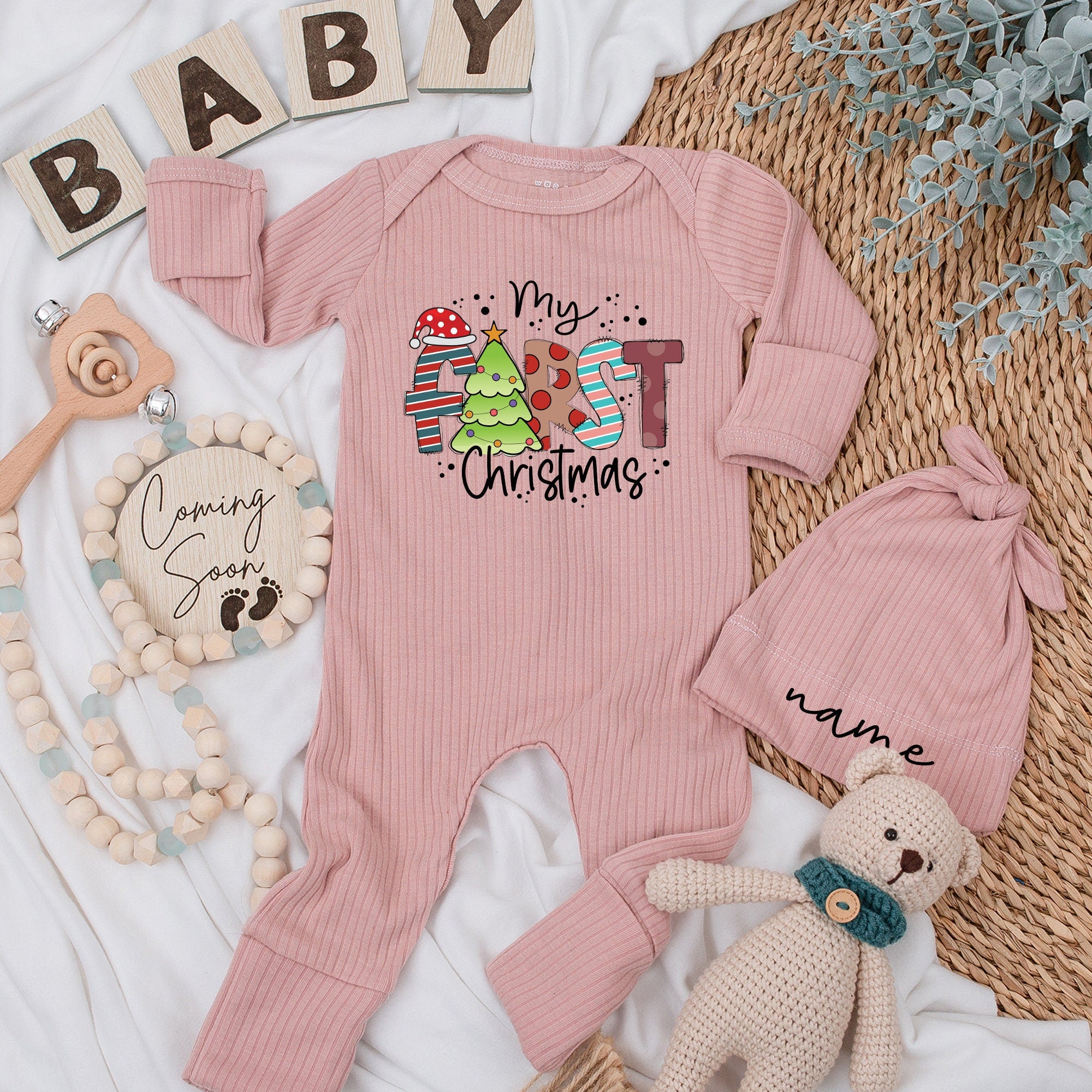 Custom My First Christmas Baby Romper Santa Hat Candy Cane Tree Design Soft Cotton Infant Outfit Perfect Gift for Boys and Girls