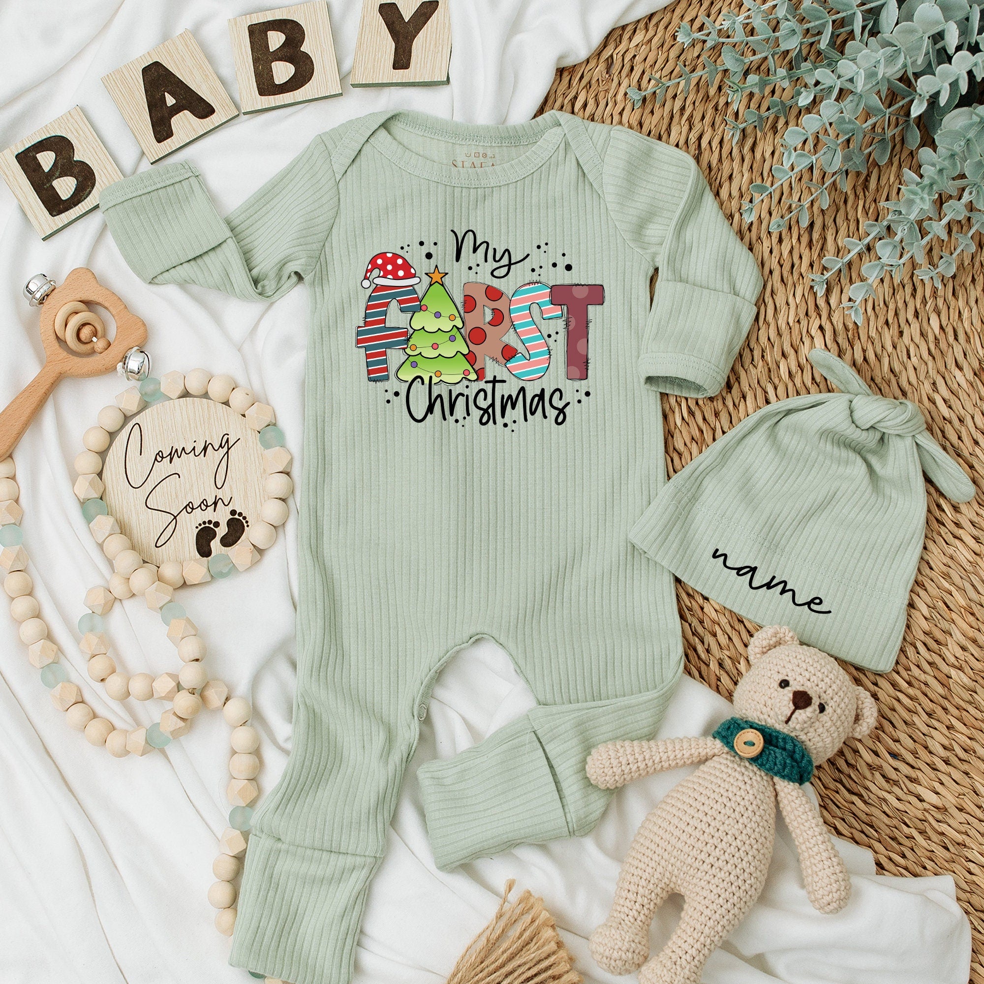 Custom My First Christmas Baby Romper Santa Hat Candy Cane Tree Design Soft Cotton Infant Outfit Perfect Gift for Boys and Girls