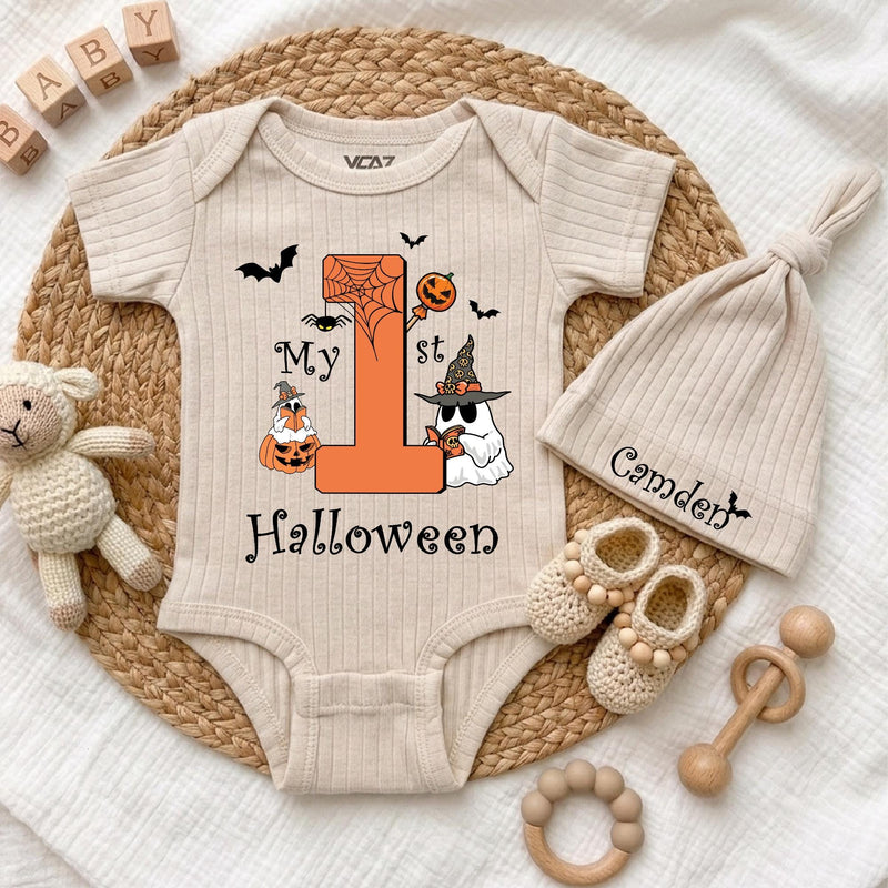 Custom My First Halloween Baby Bodysuit with Ghost & Pumpkin Art, Soft Cotton Outfit for Newborns, Perfect Fall Spooky Baby Gift Idea