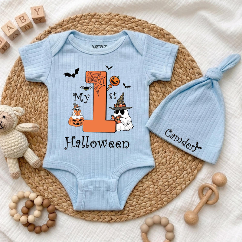Custom My First Halloween Baby Bodysuit with Ghost & Pumpkin Art, Soft Cotton Outfit for Newborns, Perfect Fall Spooky Baby Gift Idea