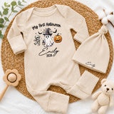 Custom My First Halloween Baby Bodysuit & Hat Set with Cute Ghost, Pumpkin & Mummy Artwork, Soft Cotton Newborn Outfit, Baby Gift