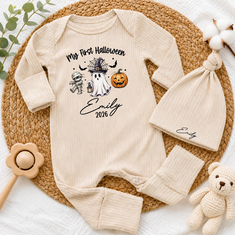 Custom My First Halloween Baby Bodysuit & Hat Set with Cute Ghost, Pumpkin & Mummy Artwork, Soft Cotton Newborn Outfit, Baby Gift