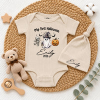 Custom My First Halloween Baby Bodysuit & Hat Set with Cute Ghost, Pumpkin & Mummy Artwork, Soft Cotton Newborn Outfit, Baby Gift