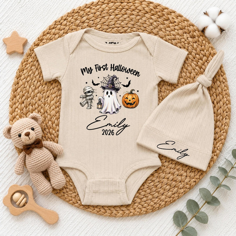 Custom My First Halloween Baby Bodysuit & Hat Set with Cute Ghost, Pumpkin & Mummy Artwork, Soft Cotton Newborn Outfit, Baby Gift