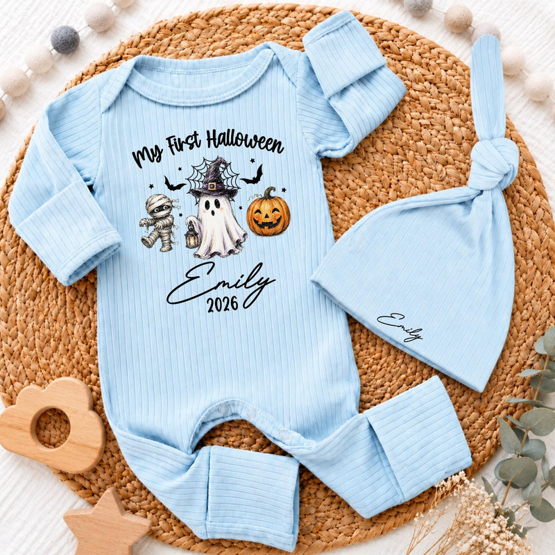 Custom My First Halloween Baby Bodysuit & Hat Set with Cute Ghost, Pumpkin & Mummy Artwork, Soft Cotton Newborn Outfit, Baby Gift