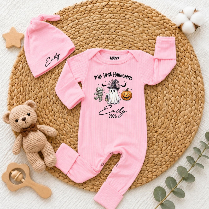 Custom My First Halloween Baby Bodysuit & Hat Set with Cute Ghost, Pumpkin & Mummy Artwork, Soft Cotton Newborn Outfit, Baby Gift