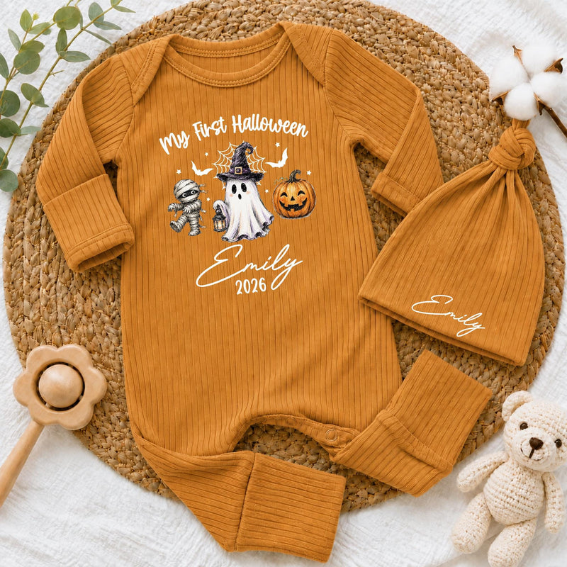 Custom My First Halloween Baby Bodysuit & Hat Set with Cute Ghost, Pumpkin & Mummy Artwork, Soft Cotton Newborn Outfit, Baby Gift