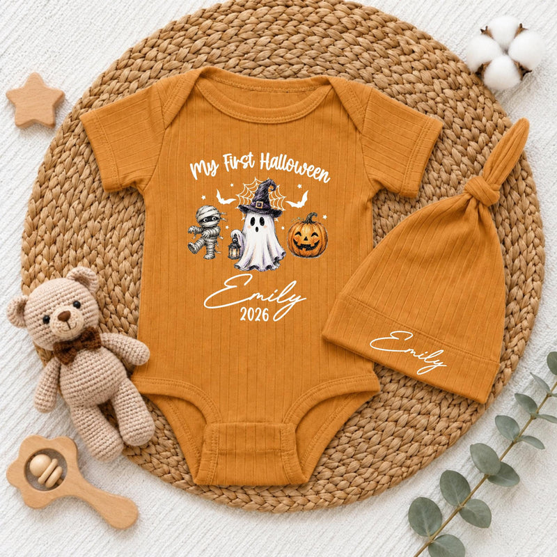 Custom My First Halloween Baby Bodysuit & Hat Set with Cute Ghost, Pumpkin & Mummy Artwork, Soft Cotton Newborn Outfit, Baby Gift
