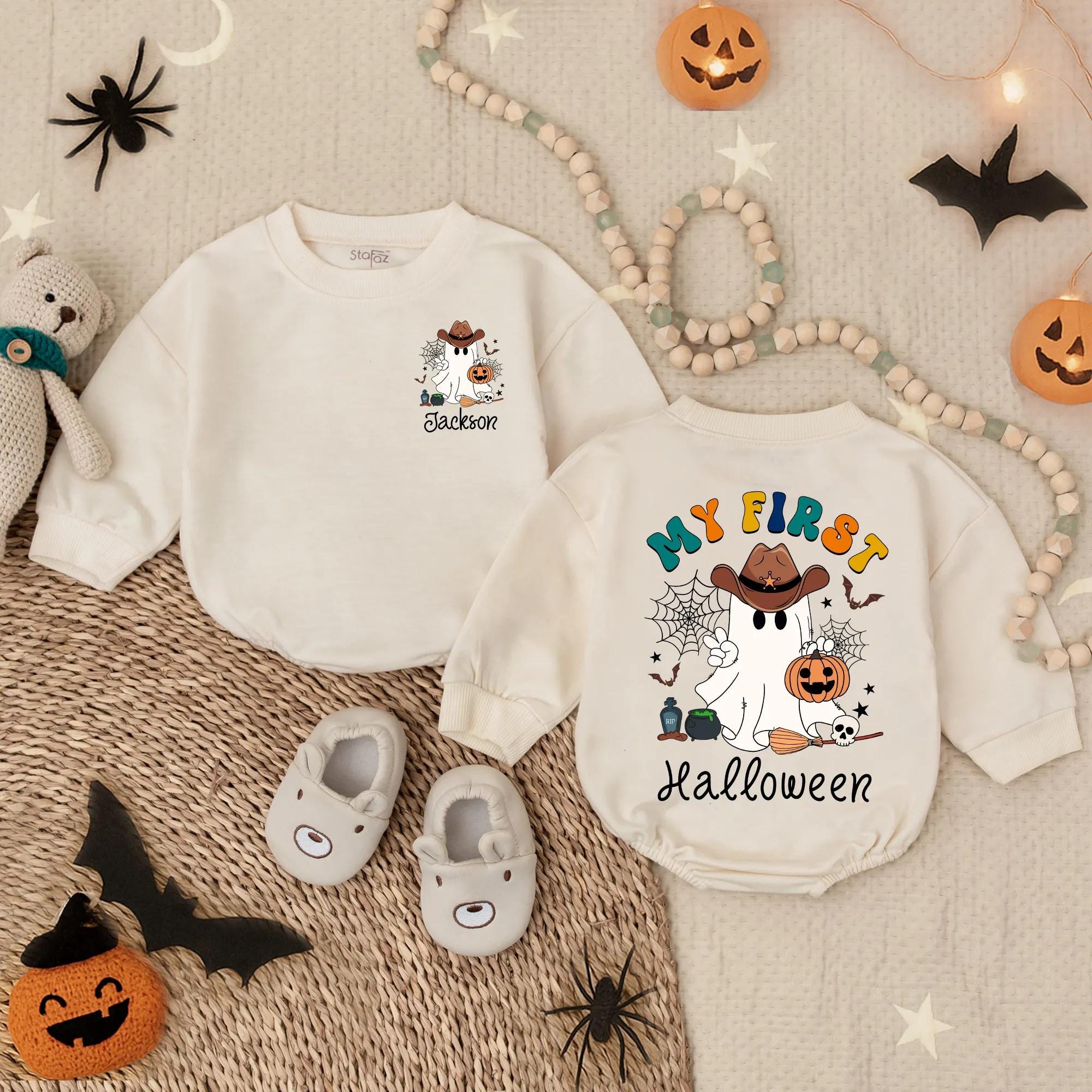 Custom My First Halloween Baby Romper Cowboy Ghost Pumpkin Outfit Fun Infant Boy Costume Spooky Dude Cotton Soft Colorful Party Wear