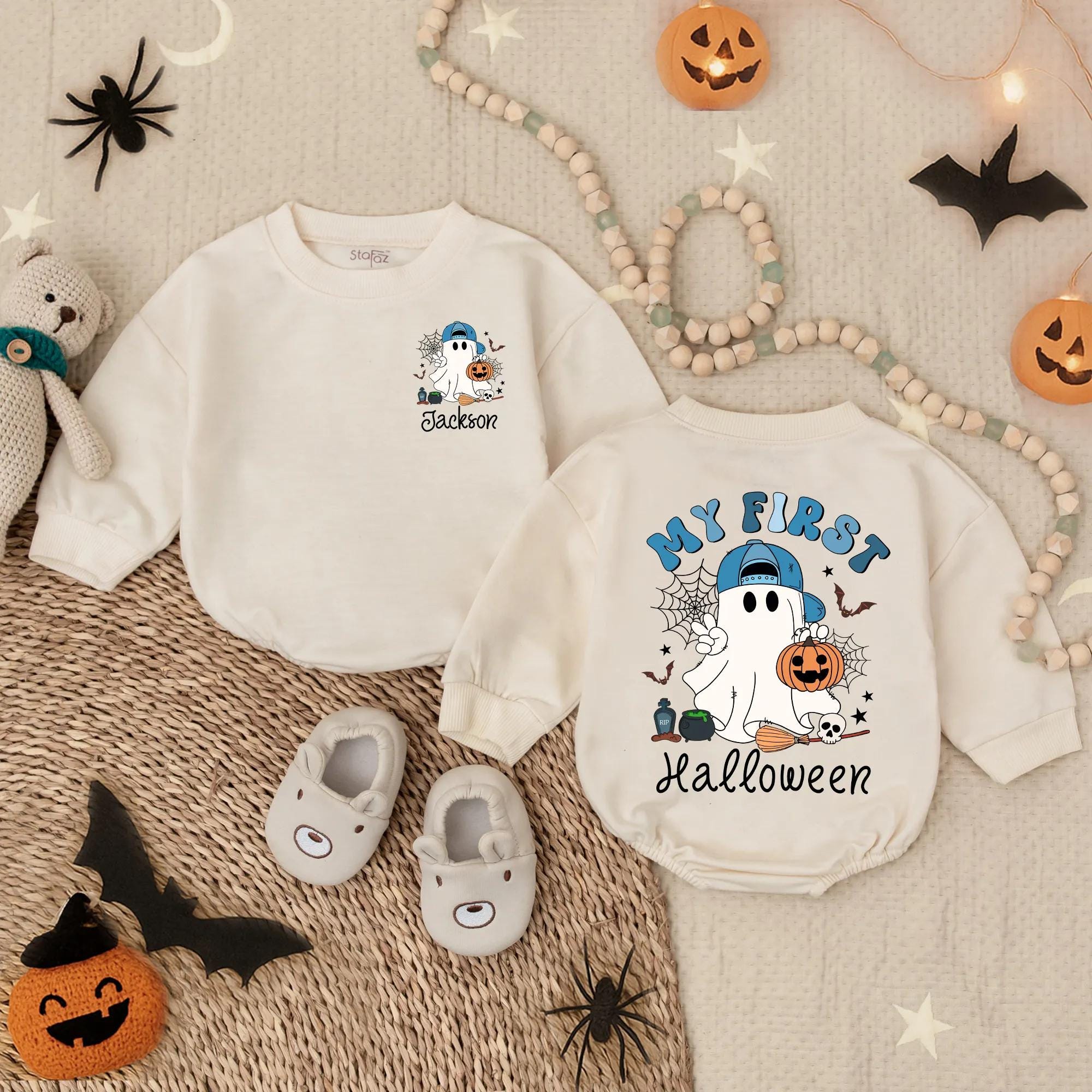 Custom My First Halloween Romper Baby Boy Ghost Pumpkin Outfit Blue Hat Spider Web Fun Bodysuit Spooky Infant Costume Personalized