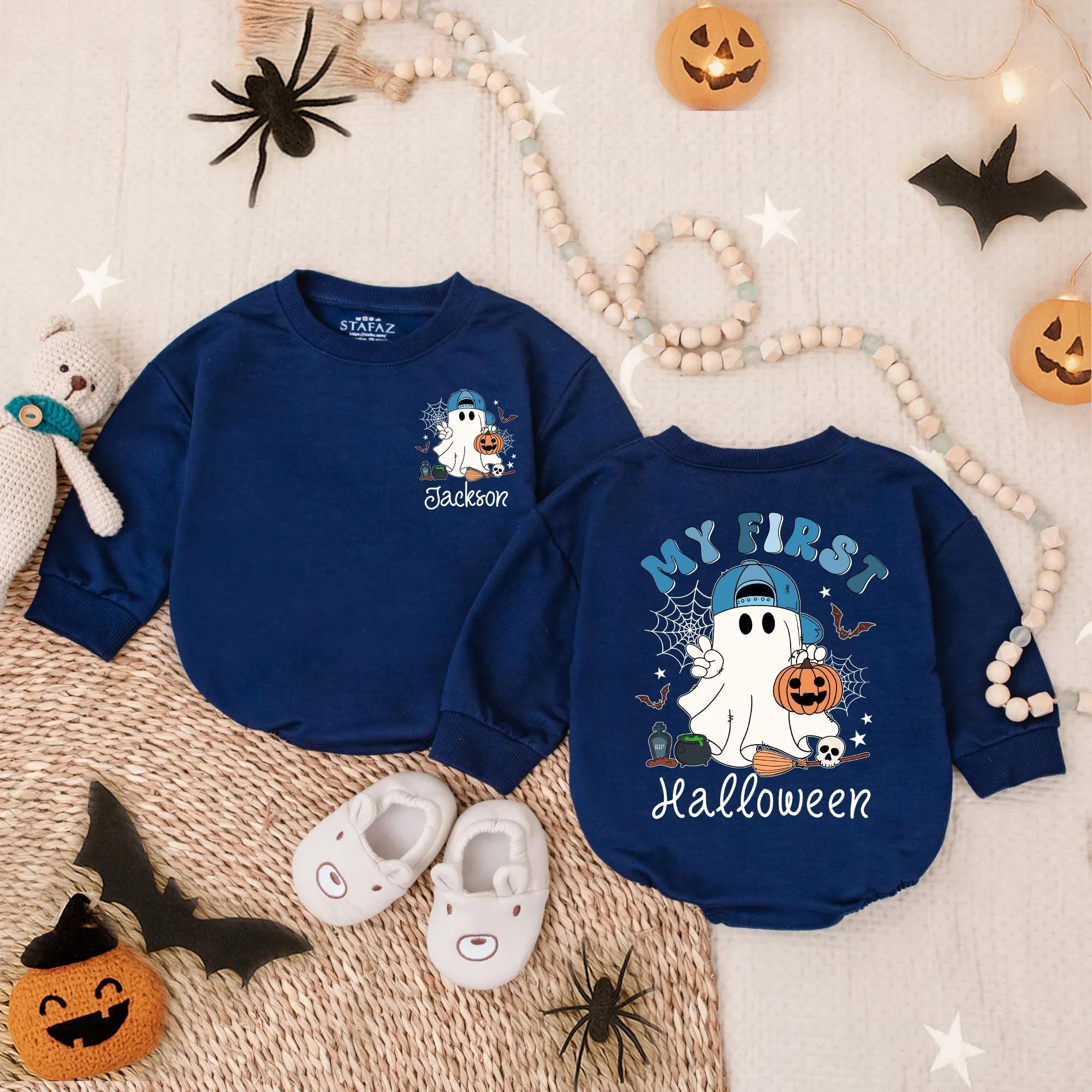Custom My First Halloween Romper Baby Boy Ghost Pumpkin Outfit Blue Hat Spider Web Fun Bodysuit Spooky Infant Costume Personalized