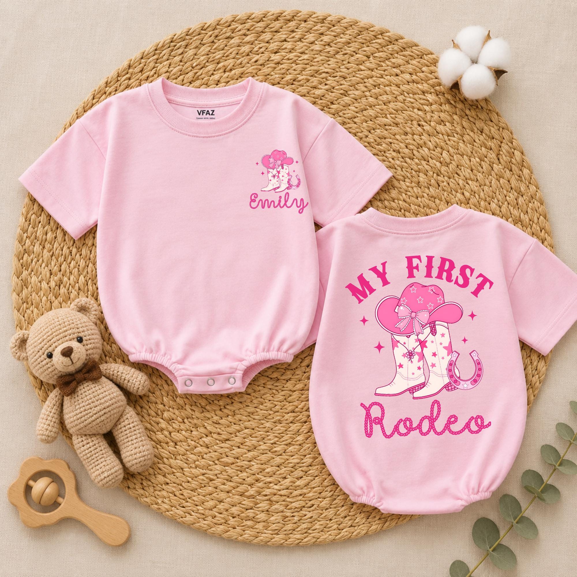 Custom My First Rodeo Baby Girl Romper with Pink Cowgirl Hat and Boots, Soft Cotton Long Sleeve Bodysuit for 1st Birthday Outfit