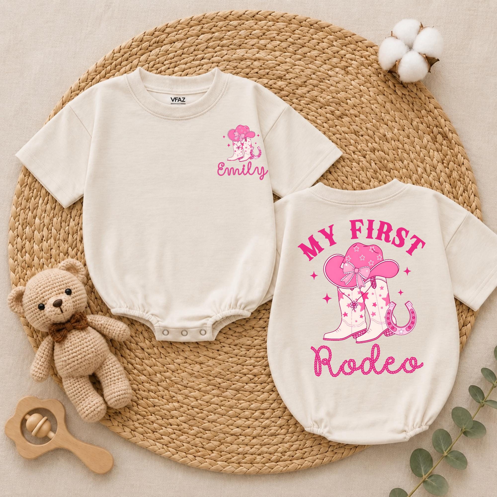 Custom My First Rodeo Baby Girl Romper with Pink Cowgirl Hat and Boots, Soft Cotton Long Sleeve Bodysuit for 1st Birthday Outfit