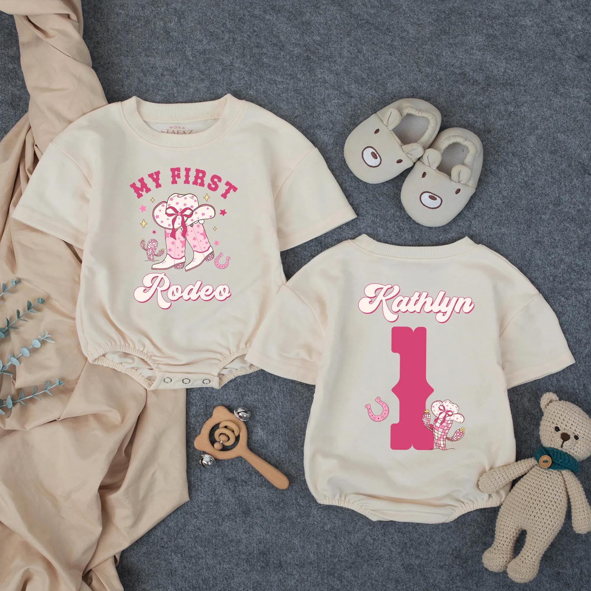 Custom My First Rodeo Baby Romper with Cowgirl Hat Artwork, Personalized Name, Soft Cotton Outfit for Girl's 1st Birthday Cake Smash