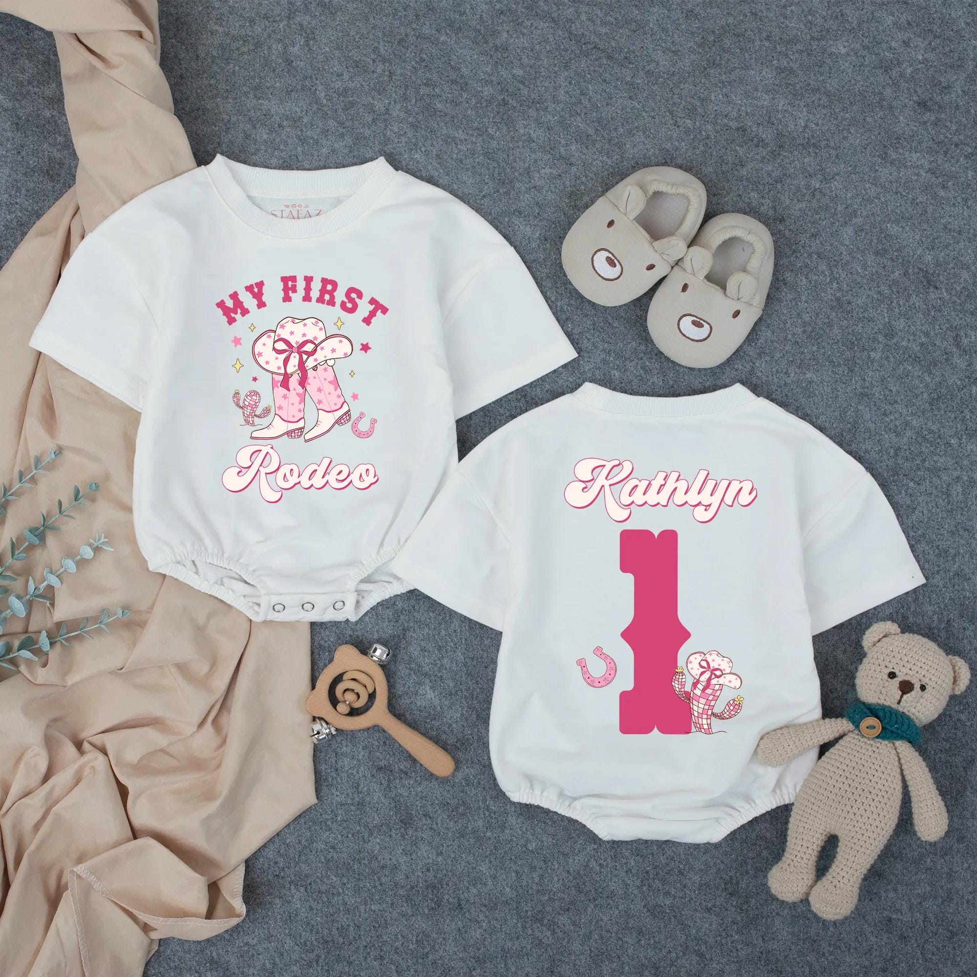 Custom My First Rodeo Baby Romper with Cowgirl Hat Artwork, Personalized Name, Soft Cotton Outfit for Girl's 1st Birthday Cake Smash