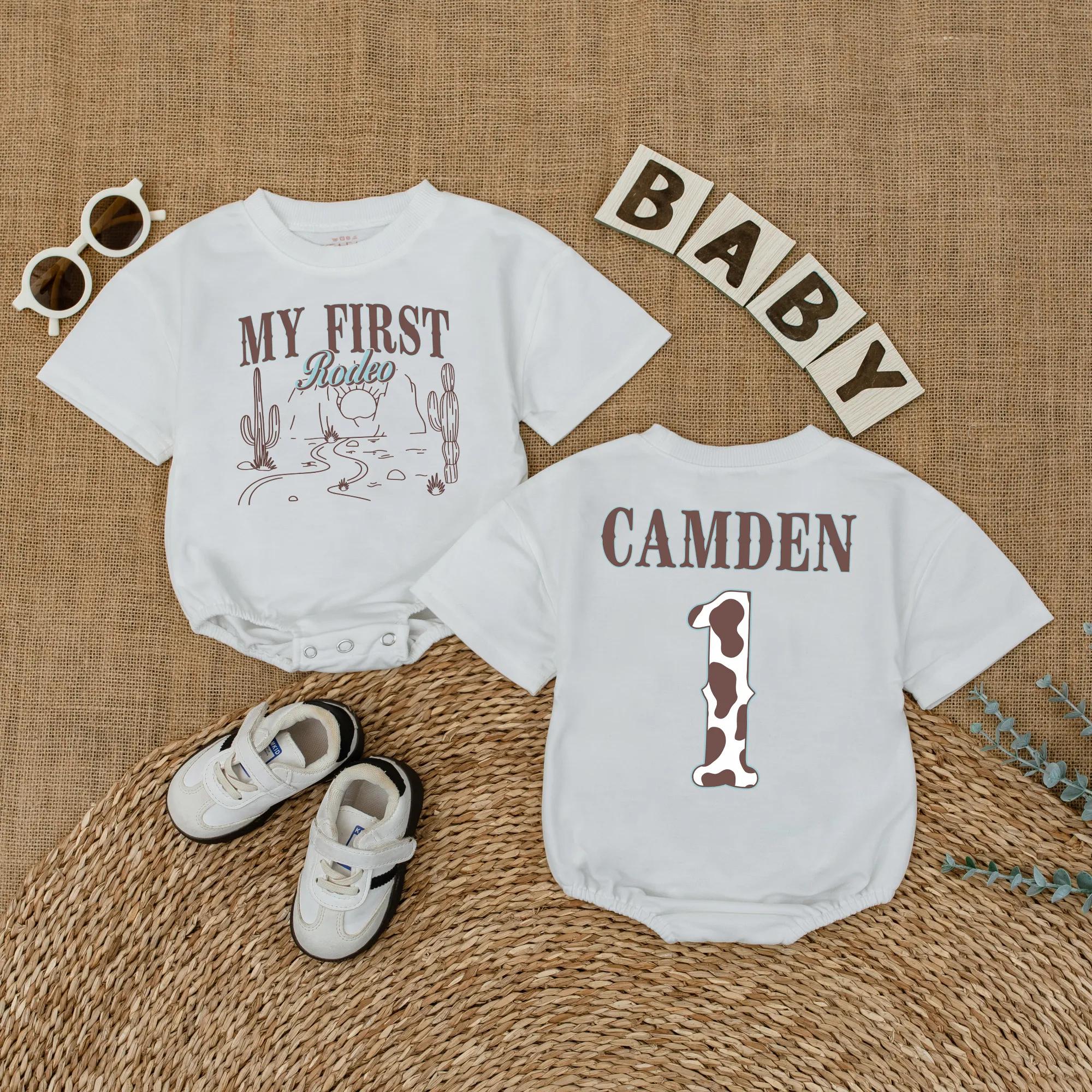 Custom My First Rodeo Baby Romper Western Birthday Outfit Cactus Desert Scene Infant Boy Girl Soft Cotton Personalized Name Camden