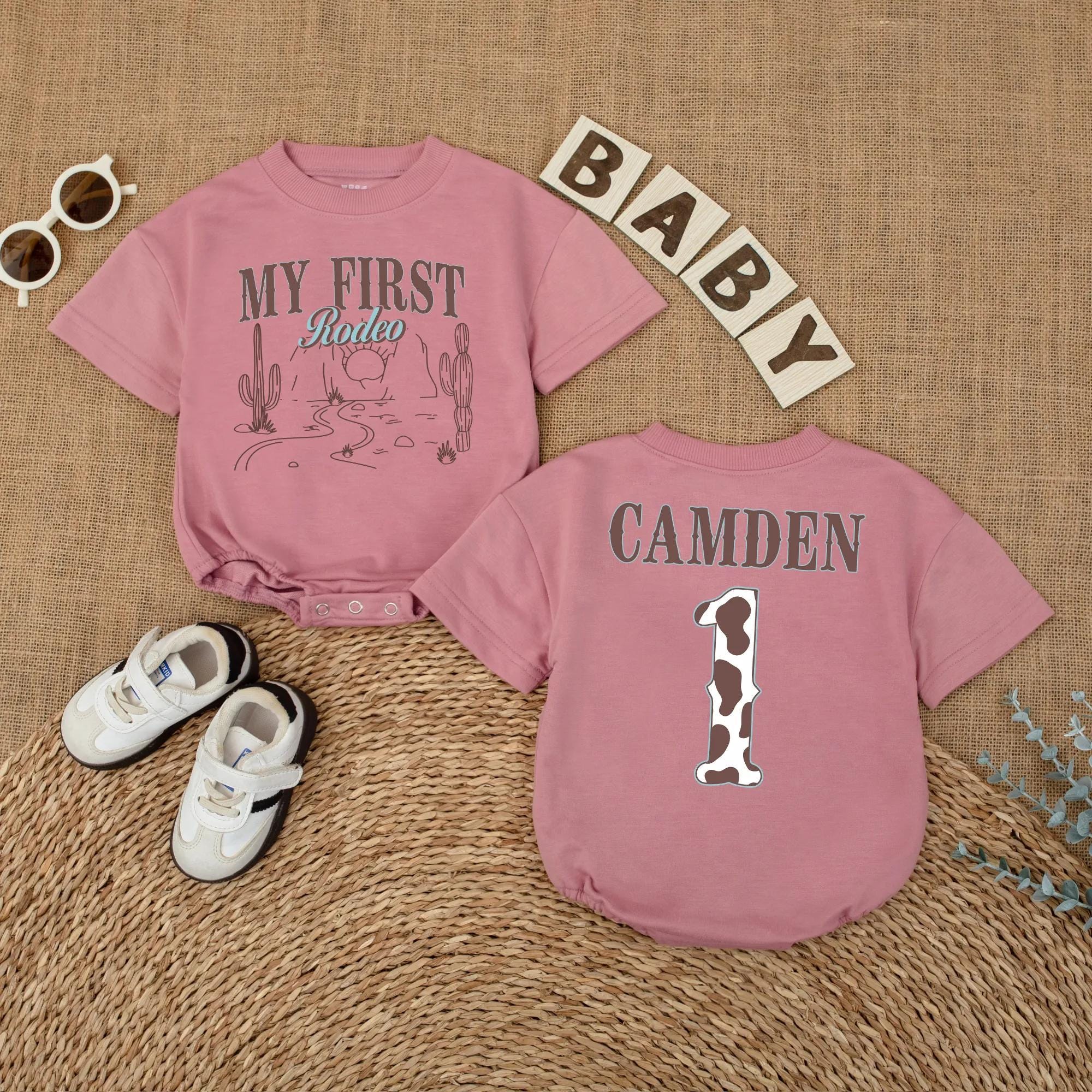 Custom My First Rodeo Baby Romper Western Birthday Outfit Cactus Desert Scene Infant Boy Girl Soft Cotton Personalized Name Camden