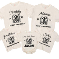 Custom My First Rodeo Family Shirts Matching Western Cowboy Outfit 2026 Personalized Mom Dad Baby 1st Birthday Rustic Vintage Design