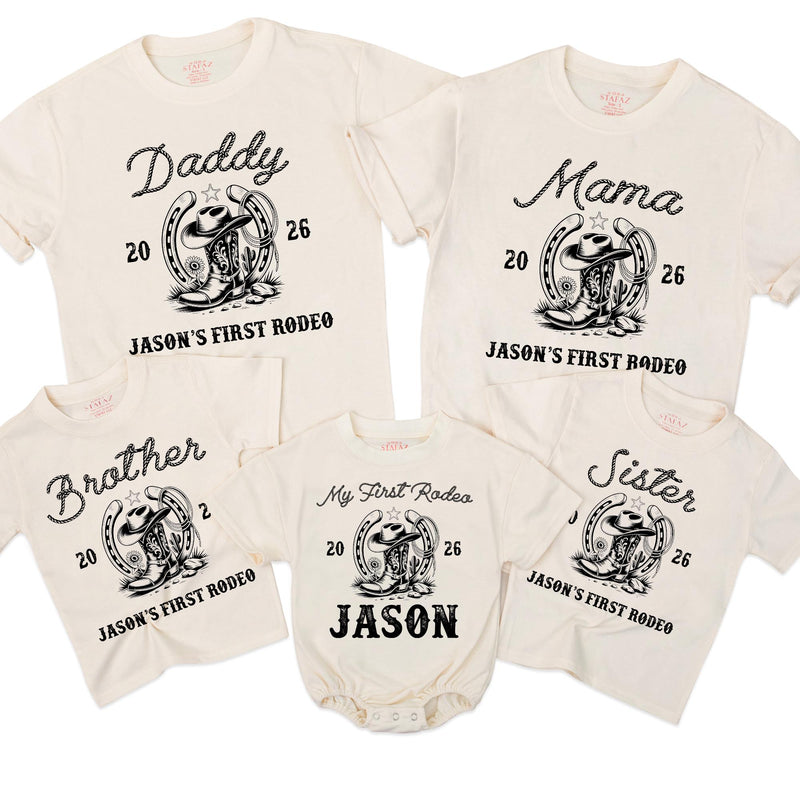 Custom My First Rodeo Family Shirts Matching Western Cowboy Outfit 2026 Personalized Mom Dad Baby 1st Birthday Rustic Vintage Design