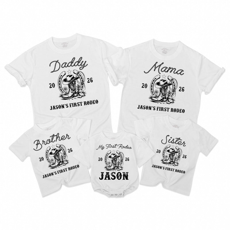 Custom My First Rodeo Family Shirts Matching Western Cowboy Outfit 2026 Personalized Mom Dad Baby 1st Birthday Rustic Vintage Design