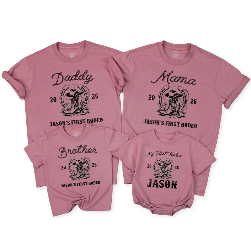 Custom My First Rodeo Family Shirts Matching Western Cowboy Outfit 2026 Personalized Mom Dad Baby 1st Birthday Rustic Vintage Design