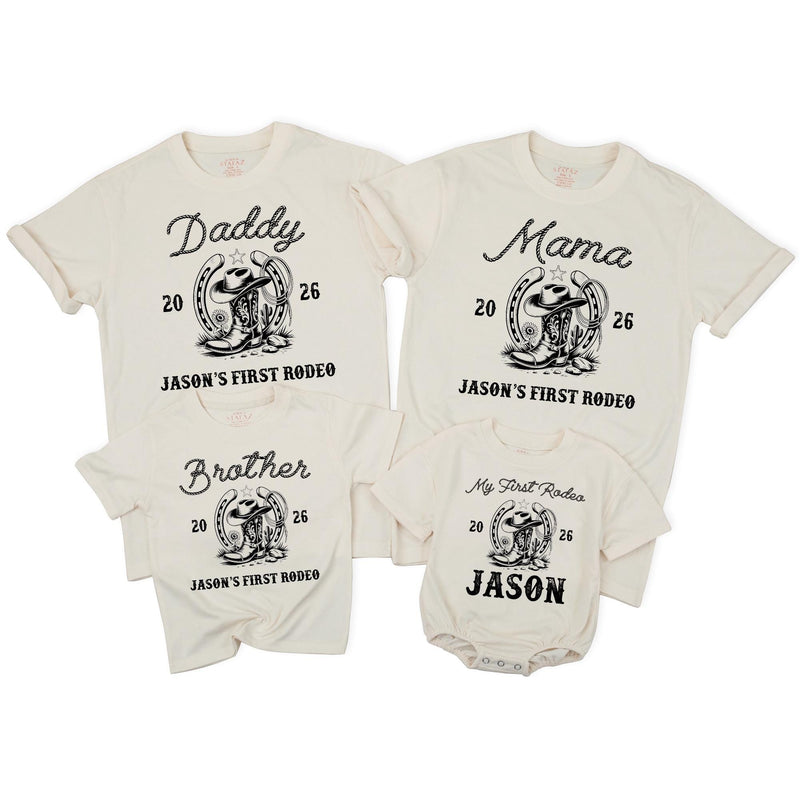 Custom My First Rodeo Family Shirts Matching Western Cowboy Outfit 2026 Personalized Mom Dad Baby 1st Birthday Rustic Vintage Design