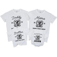 Custom My First Rodeo Family Shirts Matching Western Cowboy Outfit 2026 Personalized Mom Dad Baby 1st Birthday Rustic Vintage Design