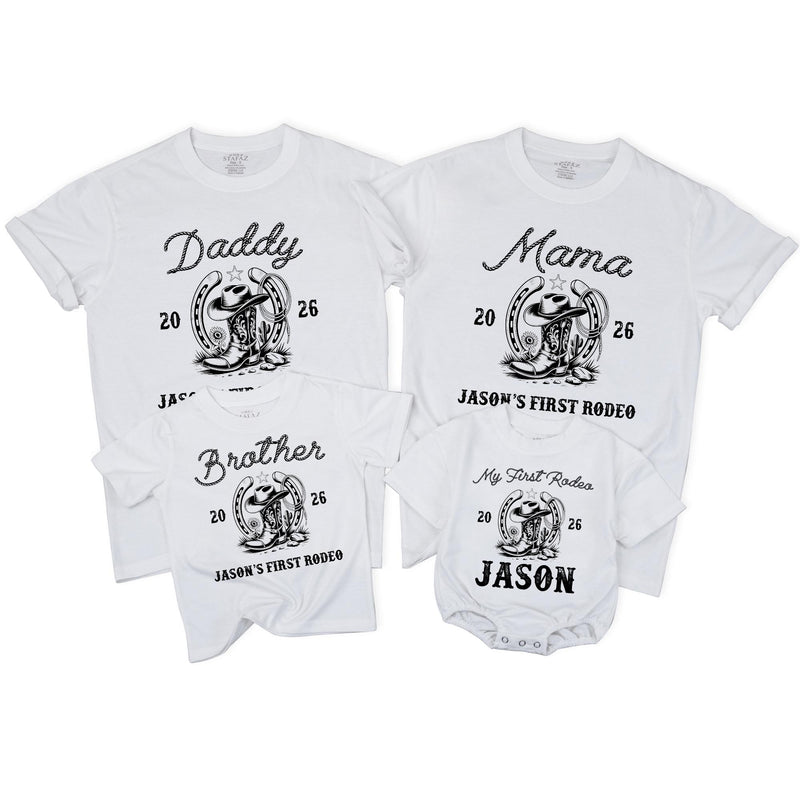 Custom My First Rodeo Family Shirts Matching Western Cowboy Outfit 2026 Personalized Mom Dad Baby 1st Birthday Rustic Vintage Design