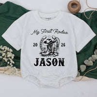 Custom My First Rodeo Family Shirts Matching Western Cowboy Outfit 2026 Personalized Mom Dad Baby 1st Birthday Rustic Vintage Design