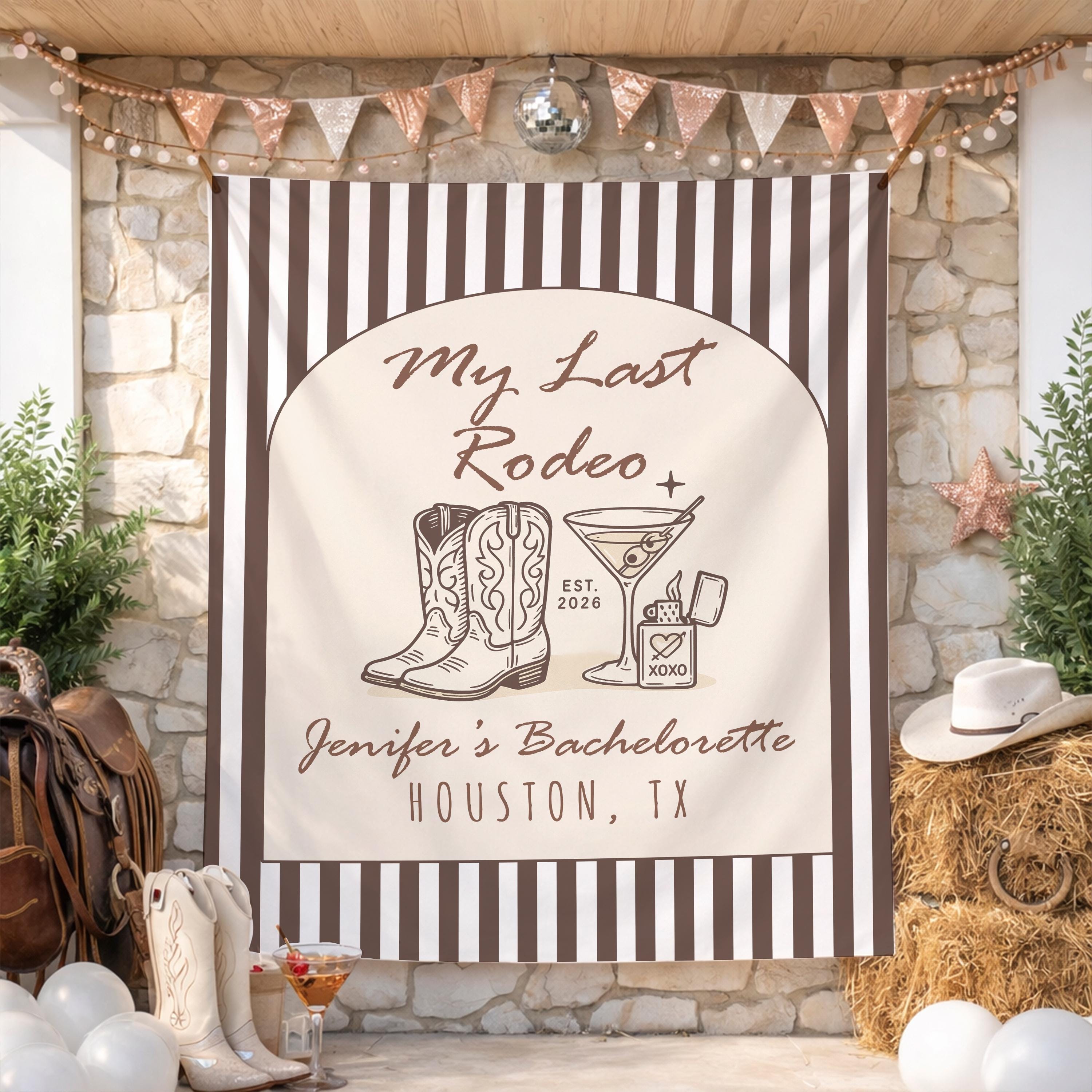 Custom My Last Rodeo Bachelorette Party Tapestry with Western Cowgirl Boots Design, Personalized Bridal Shower Banner Backdrop, Houston TX