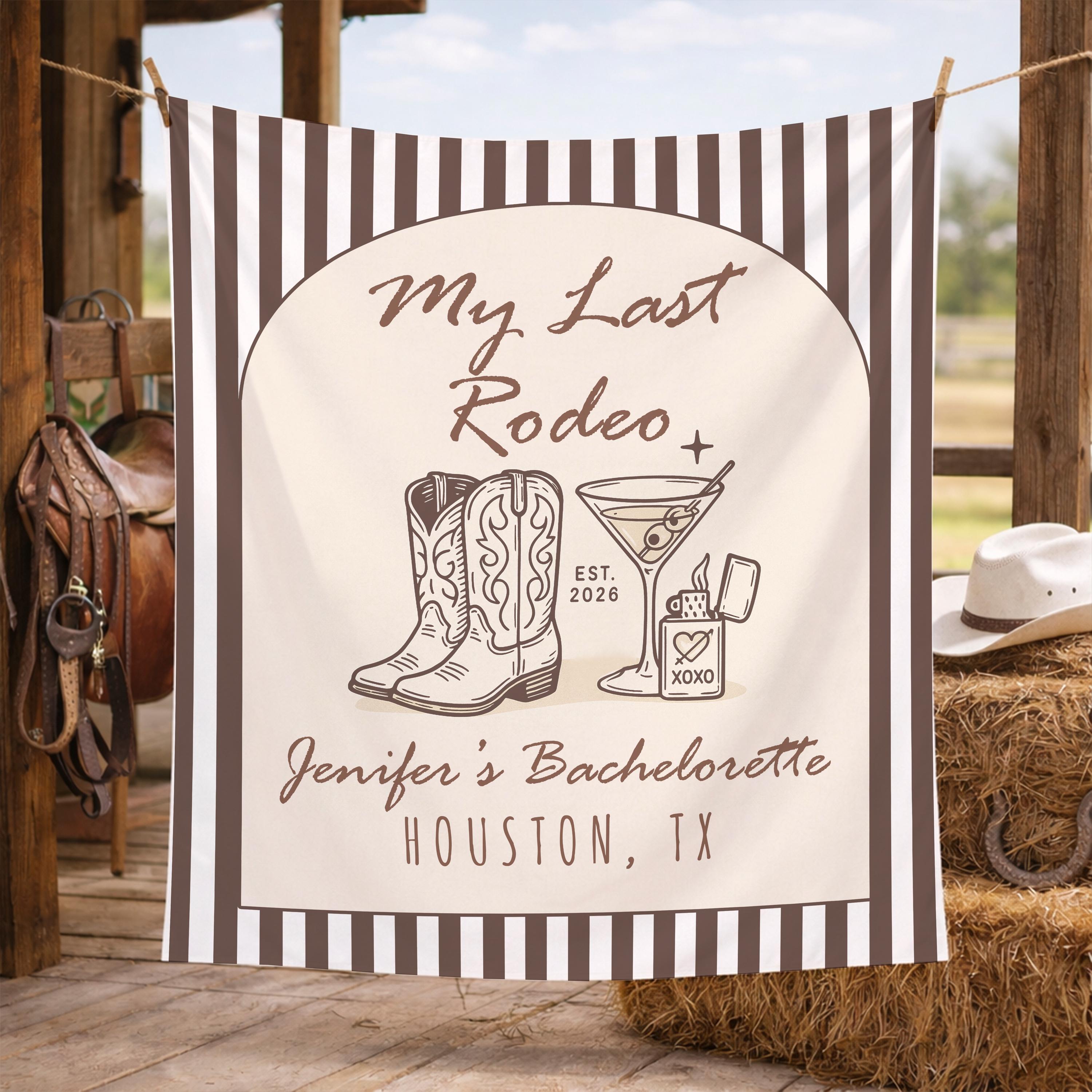 Custom My Last Rodeo Bachelorette Party Tapestry with Western Cowgirl Boots Design, Personalized Bridal Shower Banner Backdrop, Houston TX