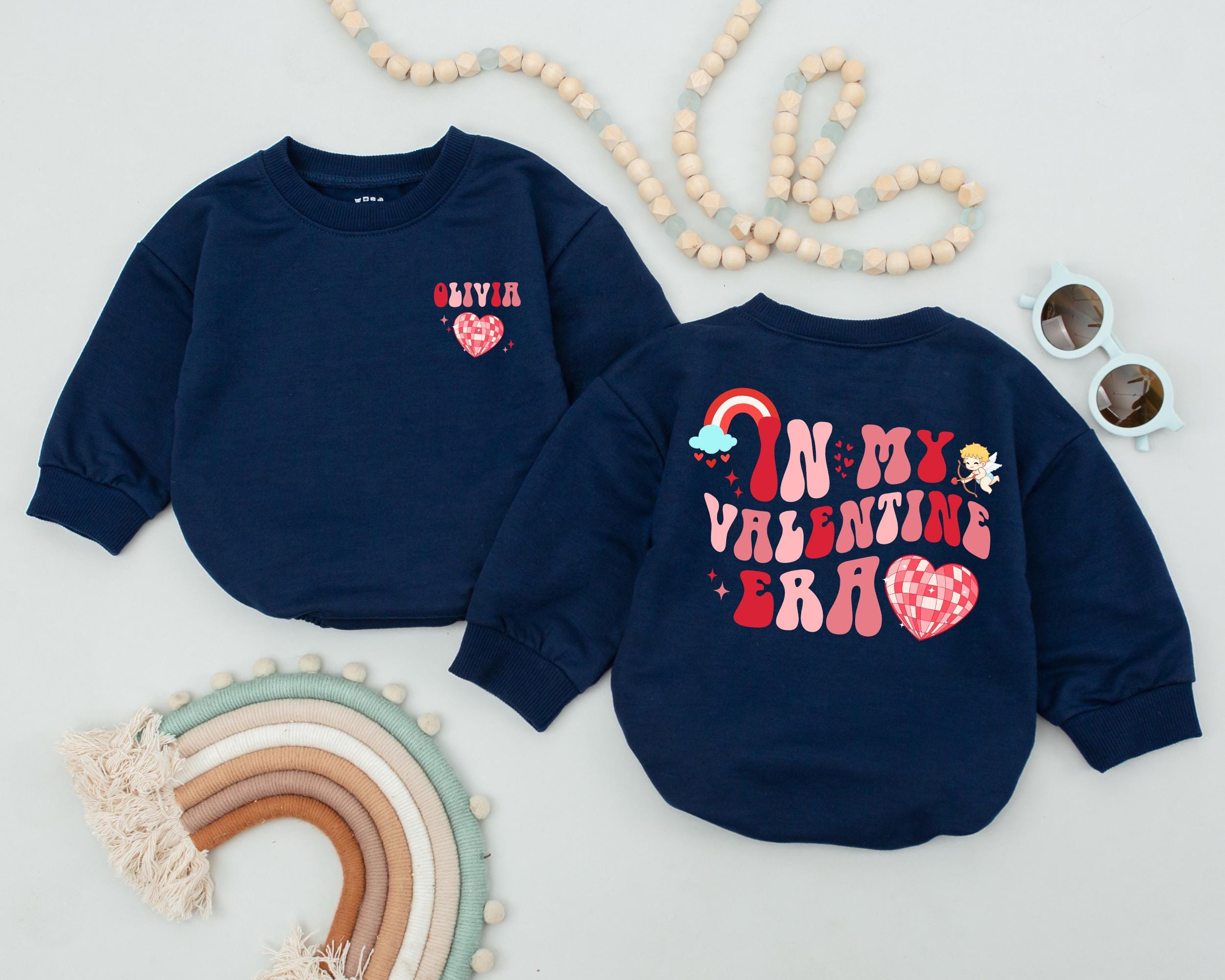 Custom In My Valentine Era Baby Romper with Heart Cherub Rainbow Design Infant Valentine's Day Outfit Soft Cotton Toddler Clothes